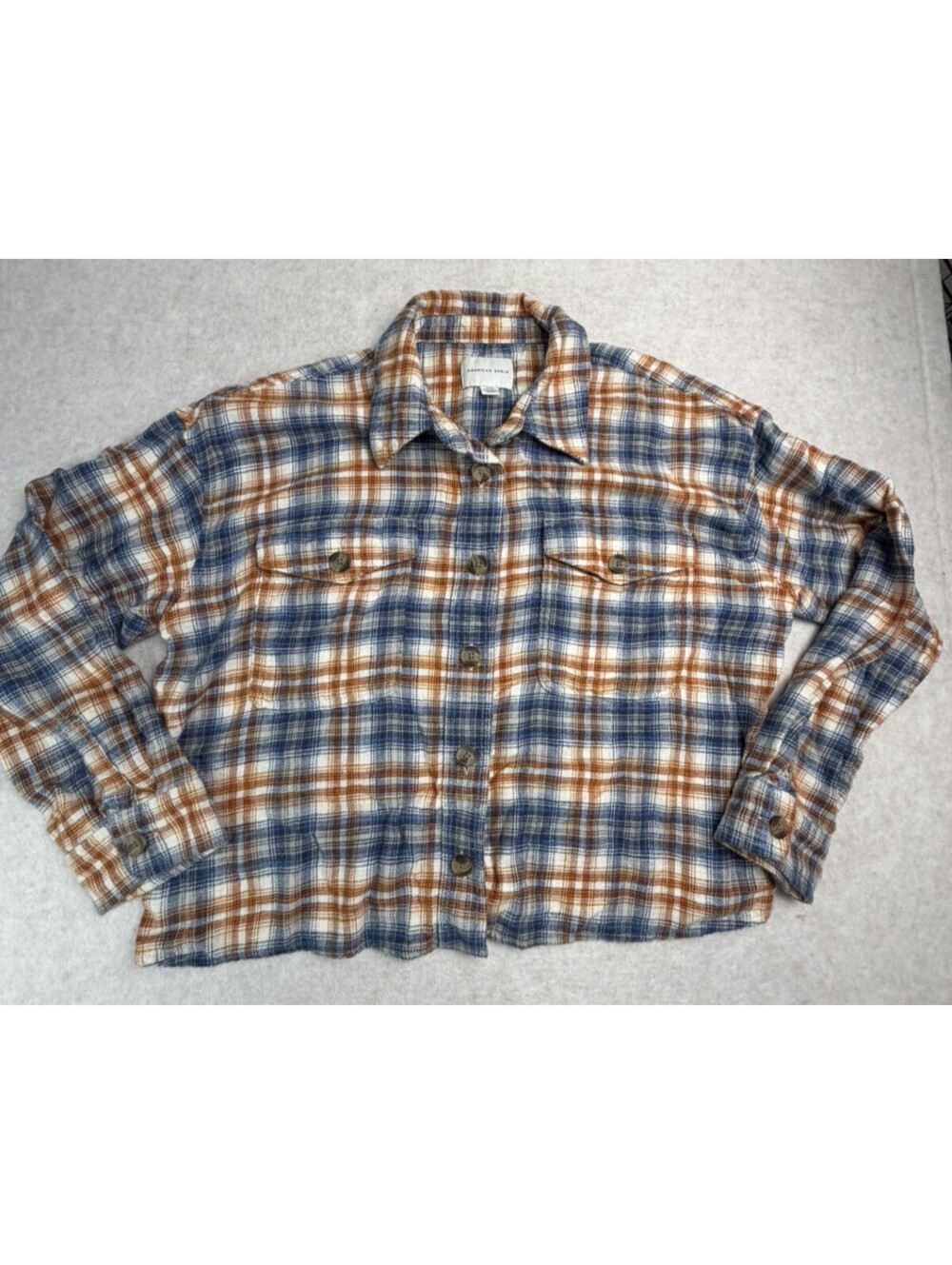 American Eagle Womens Plaid Flannel Cropped Shirt Blue Orange M Cotton Button Up